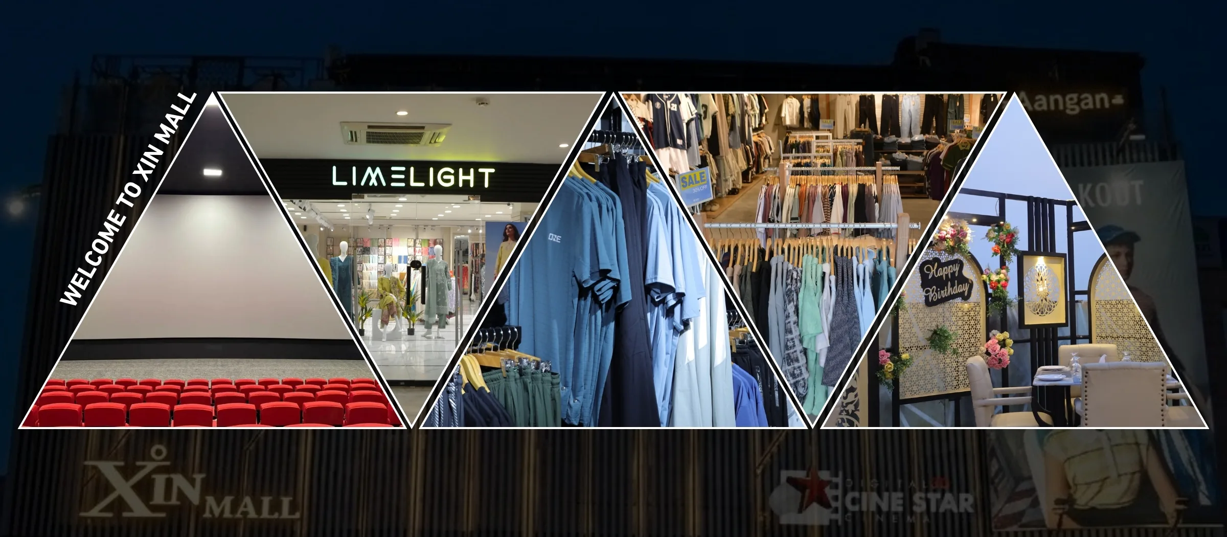 Scenes from across Xin Mall Sargodha — the CineStar screen, the Limelight storefront, the shop floors and the Aangan rooftop
