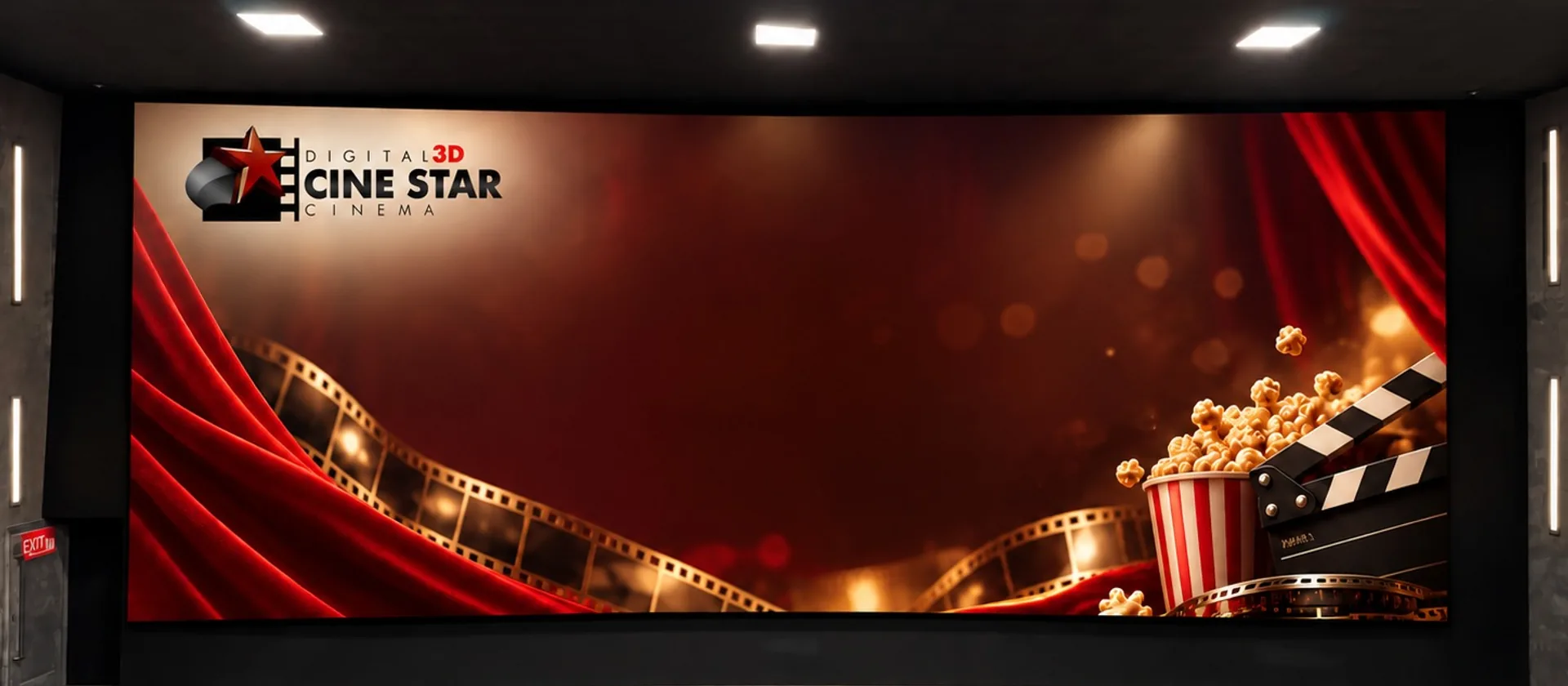 The CineStar Digital 3D Cinema logo and a film reel with popcorn, on the cinema's own screen at Xin Mall