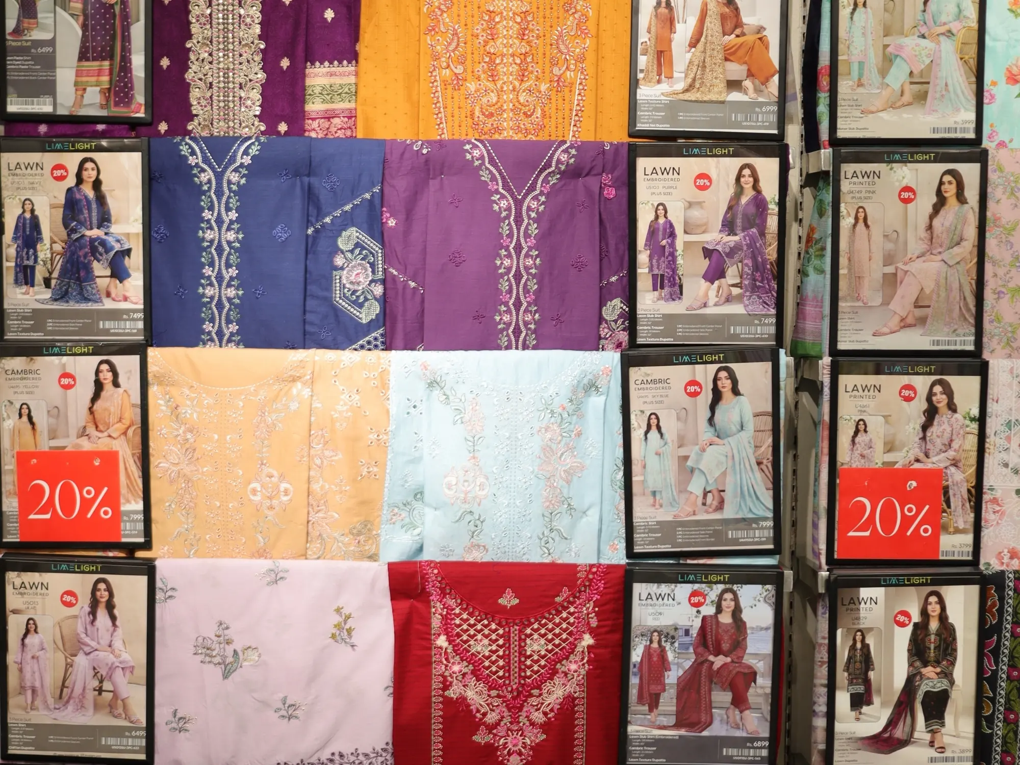 Printed lawn and embroidered suits at Limelight, reduced by twenty per cent