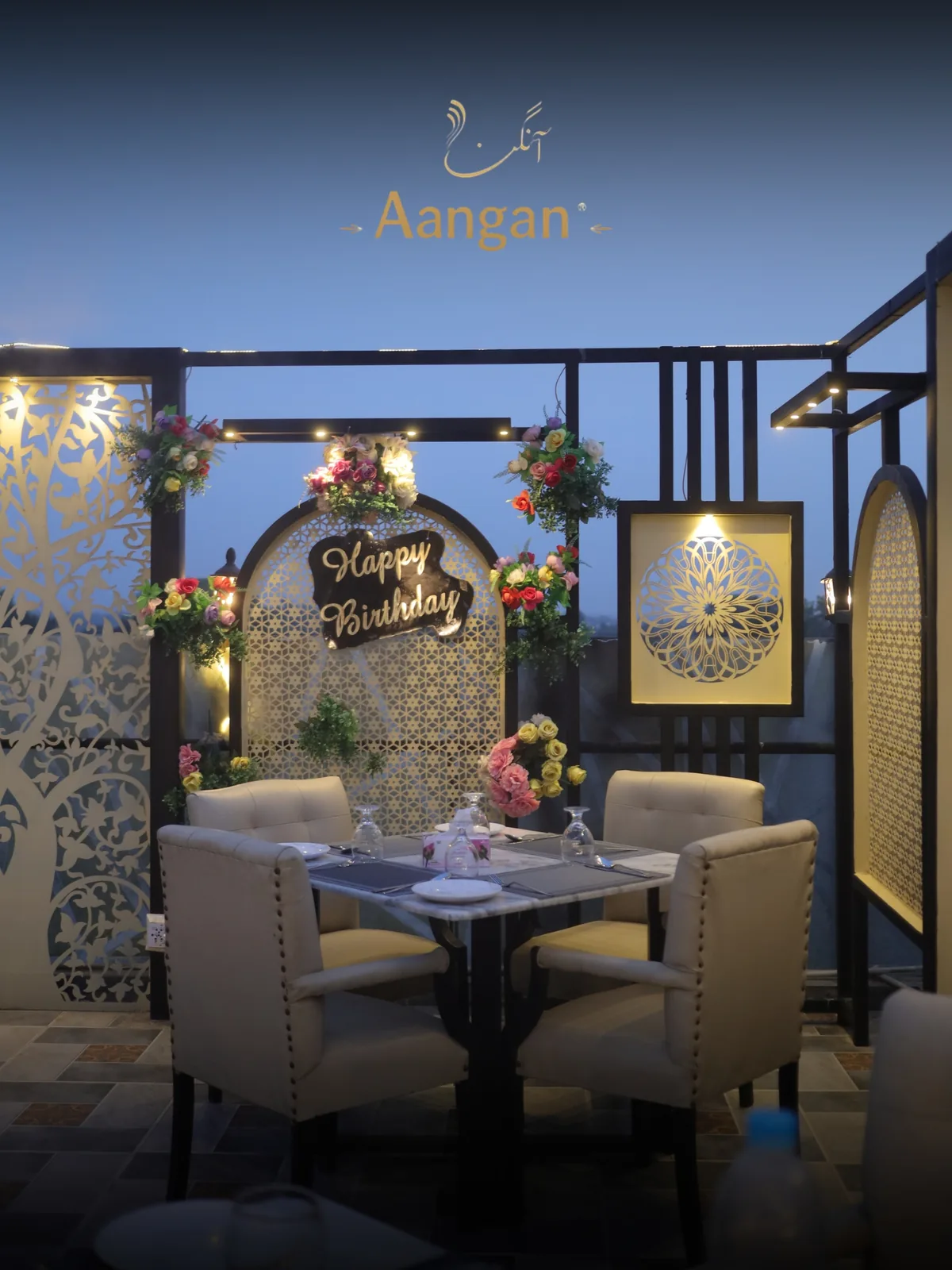 Laid tables on the Aangan rooftop terrace at Xin Mall