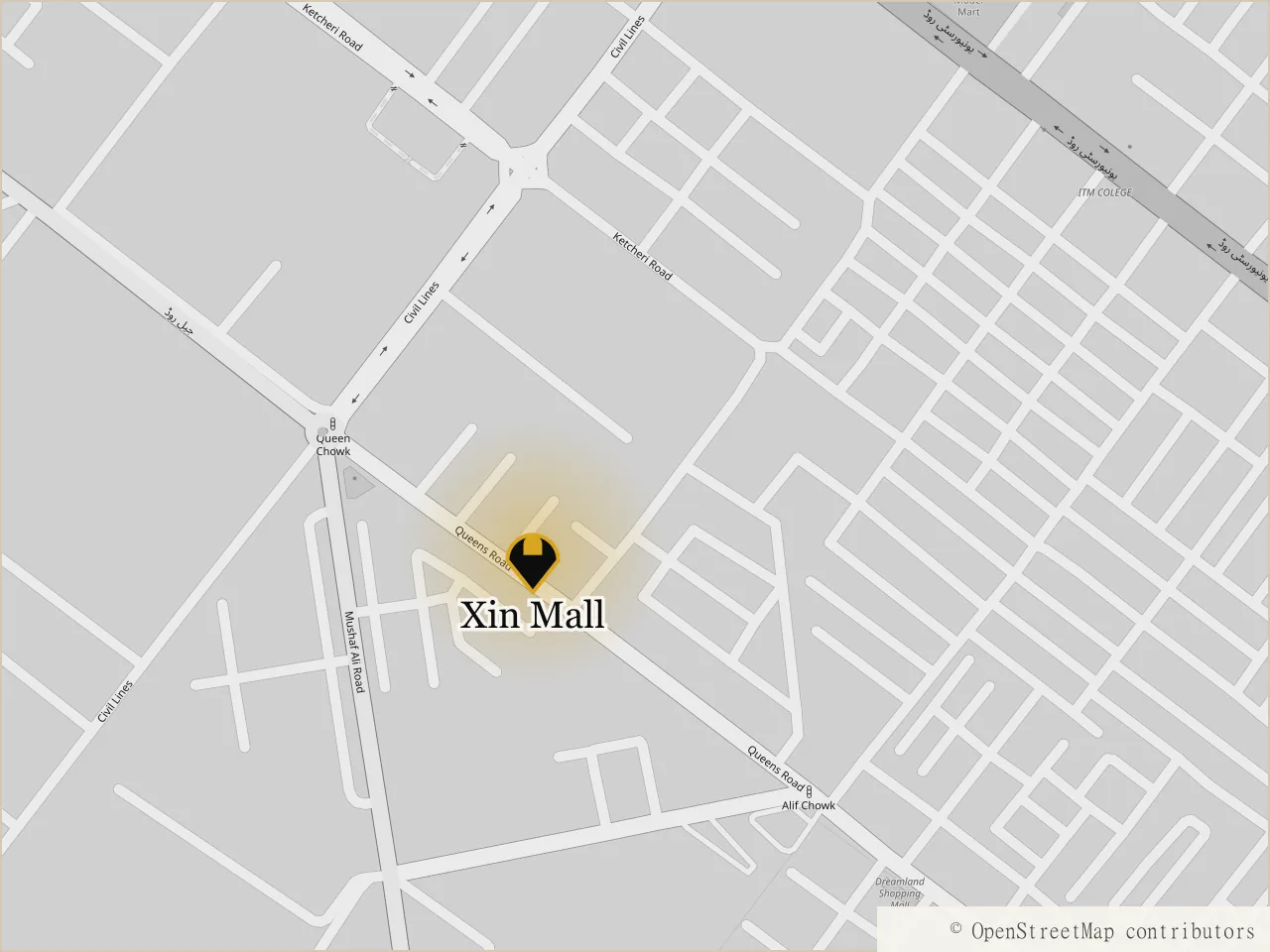 Street map showing Xin Mall on Queens Road, between Queen Chowk and Alif Chowk, Sargodha